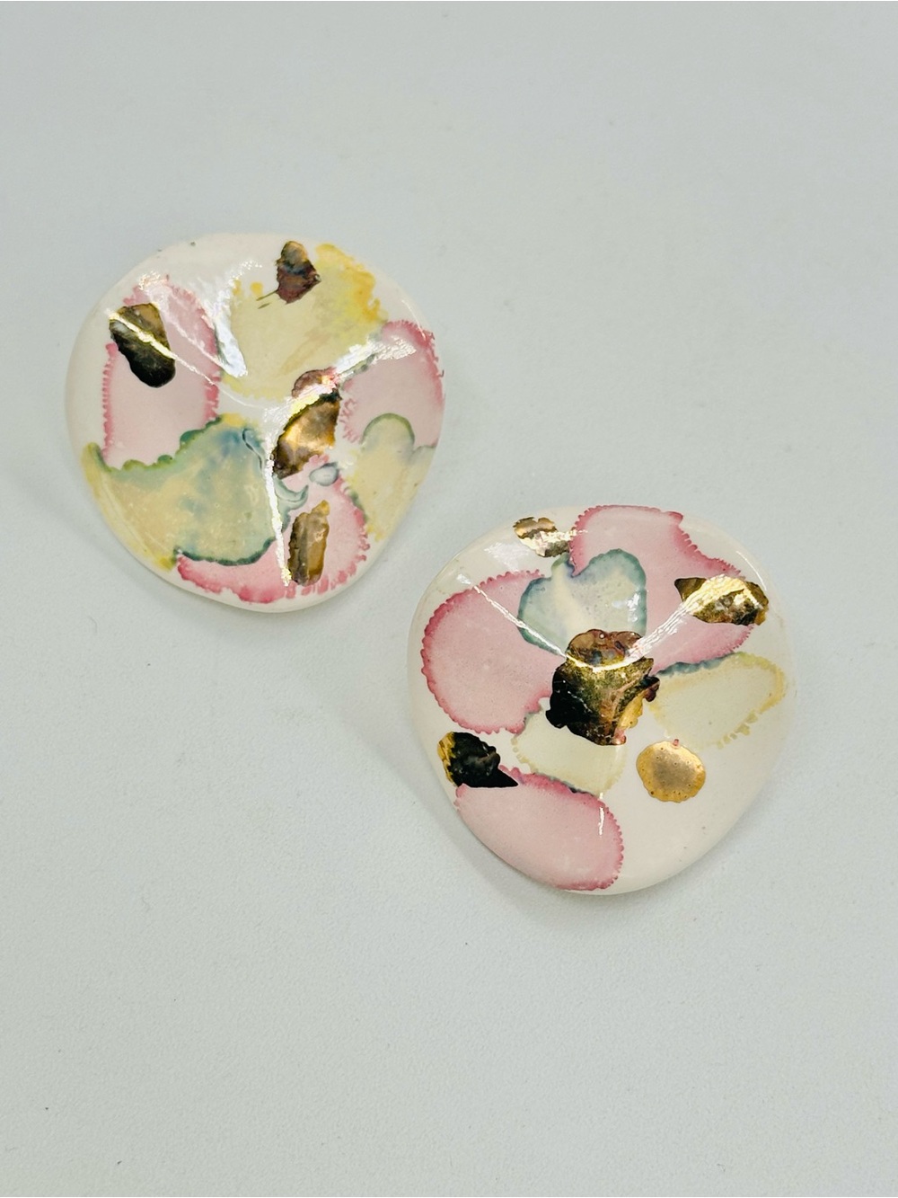 Vintage Painted Porcelain Pottery Earrings Pink Gold Blue Glaze Post 80s 90s